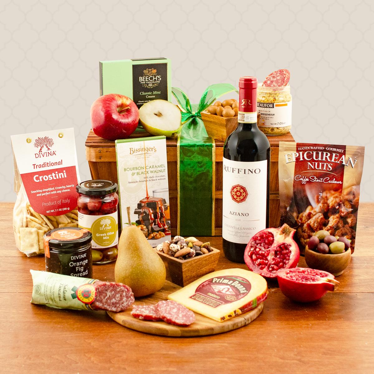 Ruffino Chianti Wine, Fruit & Artisanal Food Gift Basket